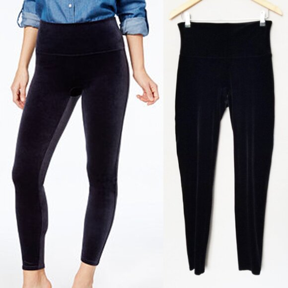 Spanx Black Velvet Velour Leggings XL High Waist Stretch Tummy Control Holiday - Picture 4 of 16